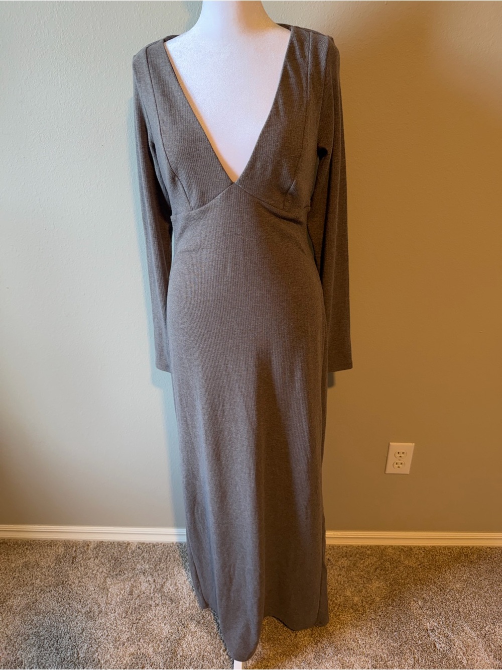 wild fable Long Sleeve Deep V Maxi Dress in Taupe